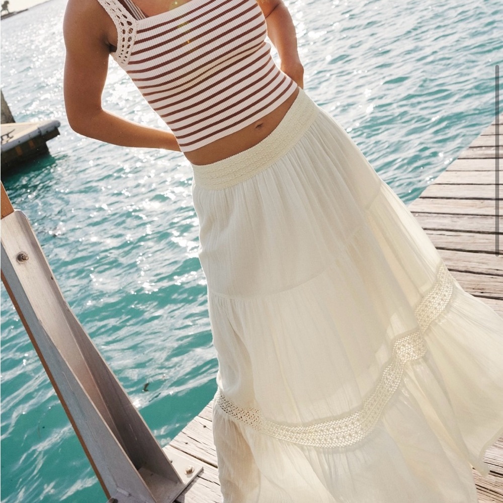 Aerie ‘Crochet the Day’ White Maxi Tiered A-Line Skirt Resort Wear - NWT